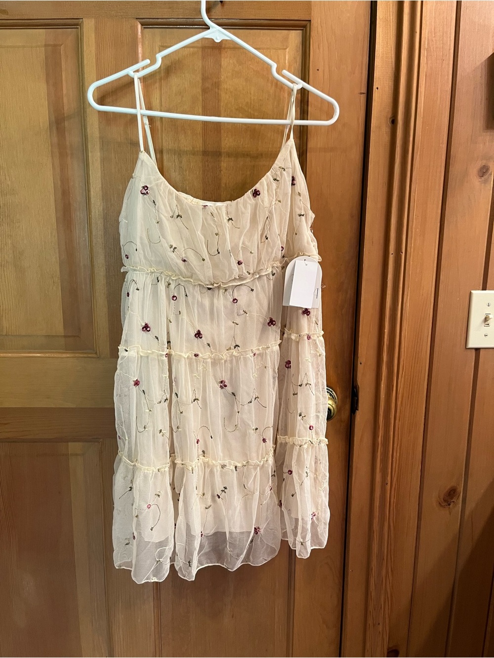 Cream Floral Tiered Mini Dress with Spaghetti Straps
